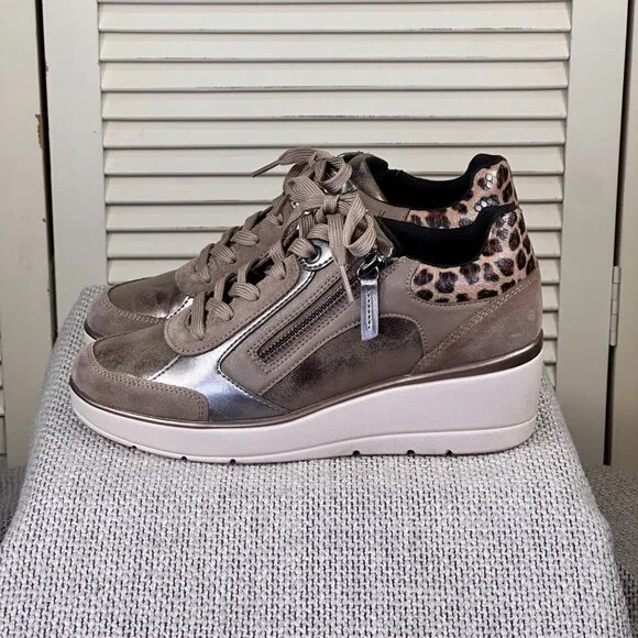 Geox Respira Ilde Dark Taupe Leopard Heeled Wedge Sneakers Italian Womens Size 9 - Picture 5 of 8